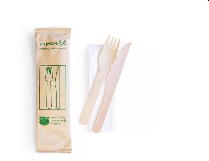 Vegware Compostable Wooden Knife and Fork Kit - 216 x 55 x 10mm